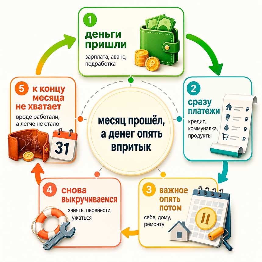 Схема привычного денежного круга: деньги приходят, уходят на платежи и снова не хватает к концу месяца